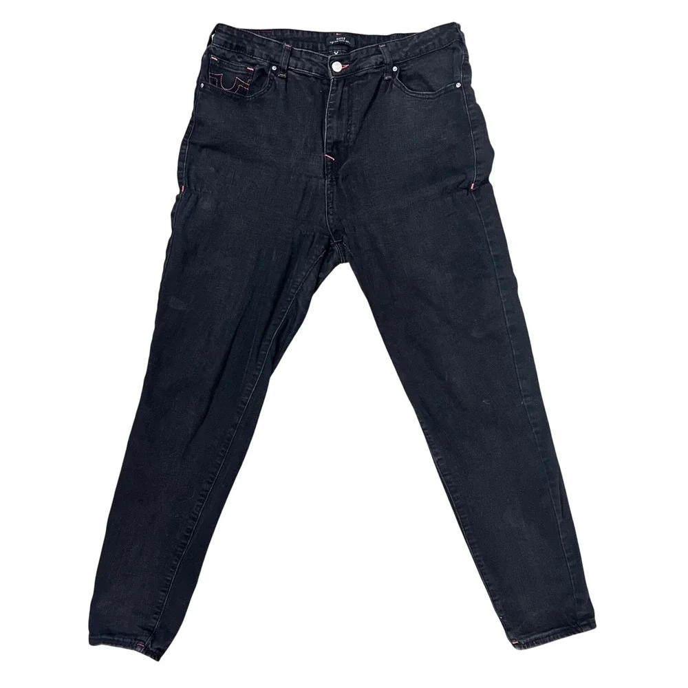 True Religion Halle High Rise Super Skinny Jeans Black Pink Stitch Size 34